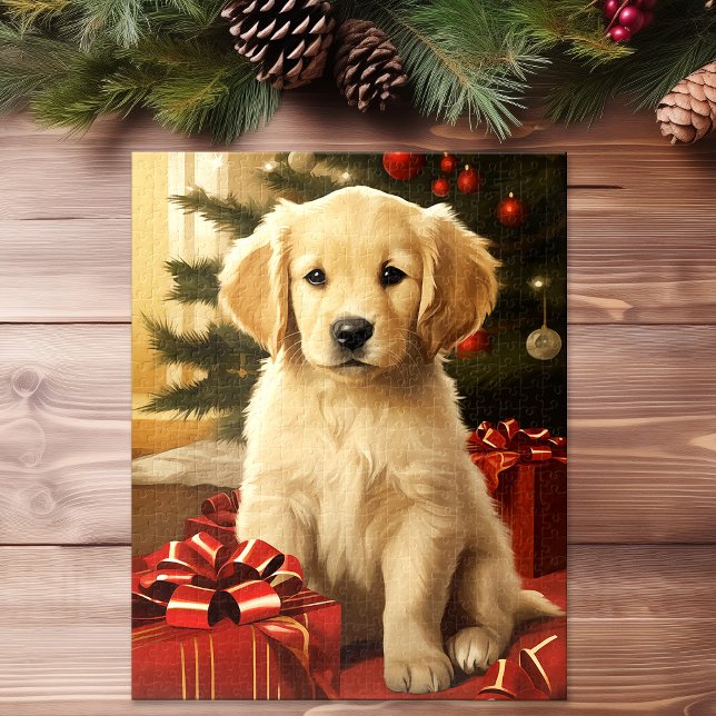 Cute Golden Retriever Christmas Tree Holiday Art Jigsaw Puzzle (Cute Golden Retriever Christmas Tree Holiday Art Jigsaw Puzzle)