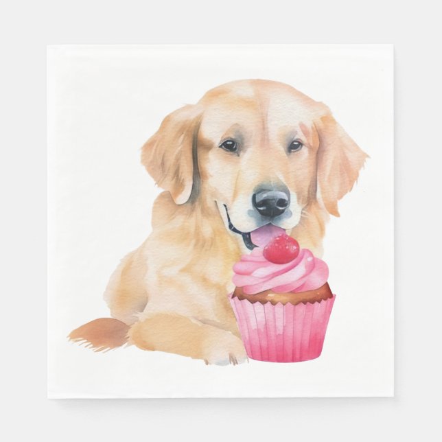Cute Golden Retriever Cupcake Watercolor Puppy Dog Napkin (Front)