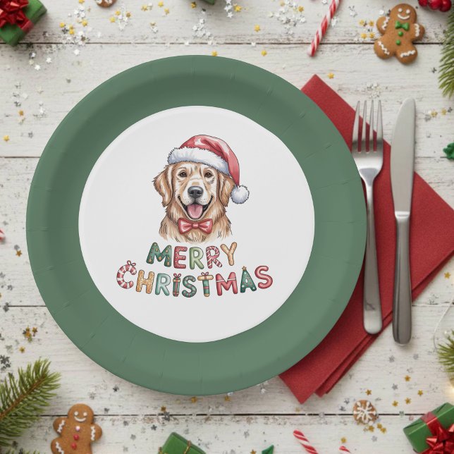 Cute Golden Retriever Dog Christmas Paper Plate (Creator Uploaded)