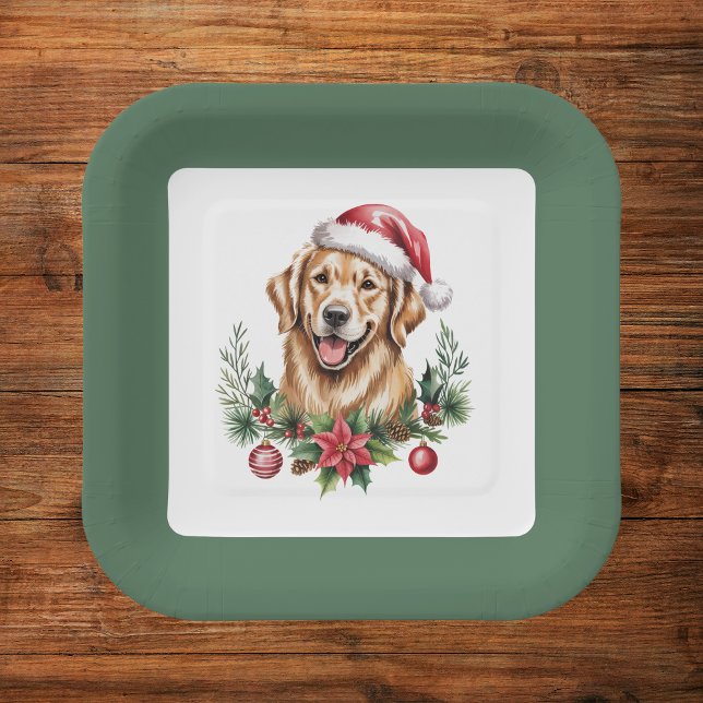 Cute Golden Retriever Dog Christmas Paper Plate (Creator Uploaded)