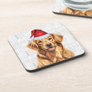 Cute Golden Retriever Dog in a Santa Hat Holiday Coaster