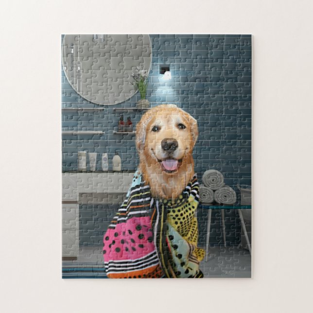 Cute Golden Retriever Dog in Bathroom Jigsaw Puzzle (Vertical)
