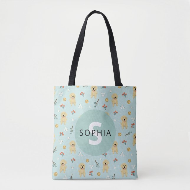 Cute Golden Retriever Dog Monogram Tote Bag (Front)