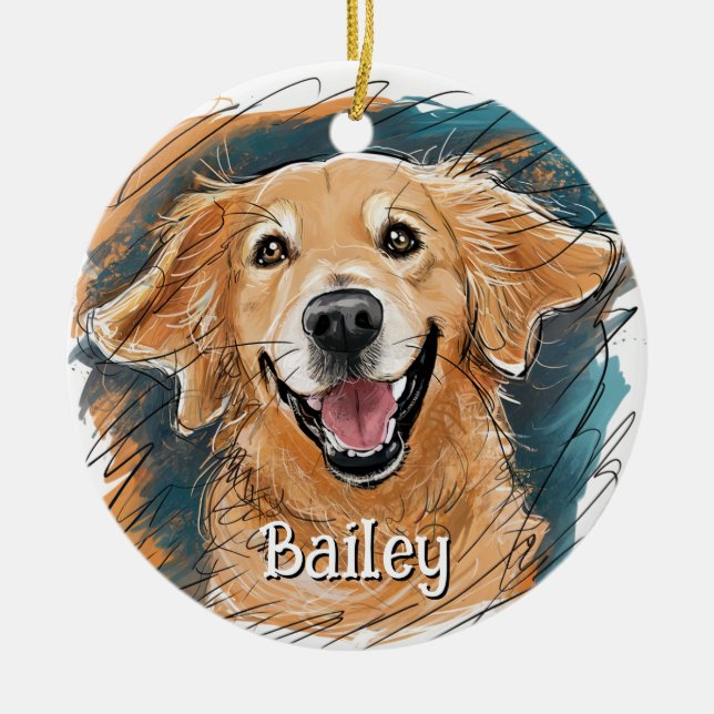 Cute Golden Retriever Dog Personalised Christmas Ceramic Ornament (Front)