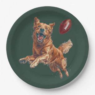 Cute Golden Retriever Dog Playing Football Paper Plate