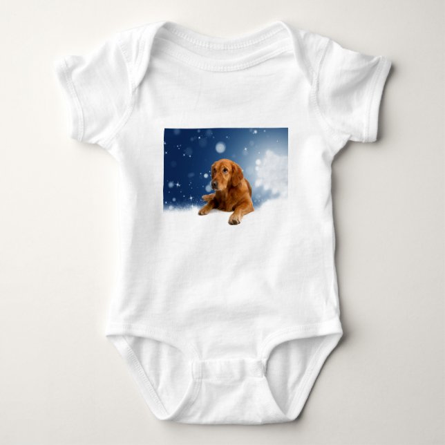 Cute Golden Retriever Dog Sitting in Snow Stars Baby Bodysuit (Front)