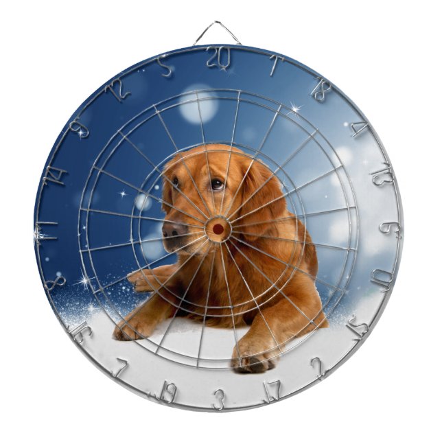 Cute Golden Retriever Dog Sitting in Snow Stars Dartboard (Front)