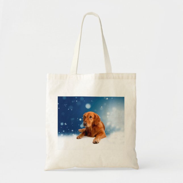 Cute Golden Retriever Dog Sitting in Snow Stars Tote Bag (Front)