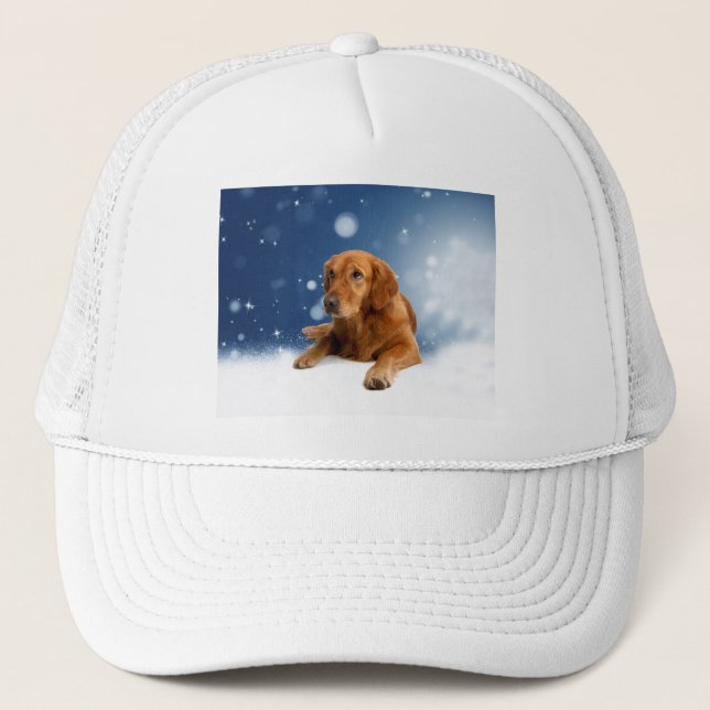 Cute Golden Retriever Dog Sitting in Snow Stars Trucker Hat (Front)