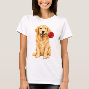 Cute golden retriever dog with red rose t-shirts