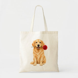 Cute golden retriever dog with red rose tote bags