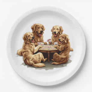 Cute Golden Retriever Dogs Playing Cards Paper Plate
