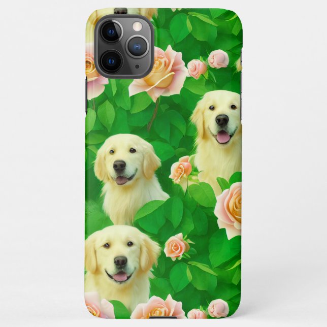 Cute Golden Retriever Enchanted Pink Rose Garden iPhone Case (Back)