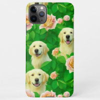 Cute Golden Retriever Enchanted Pink Rose Garden