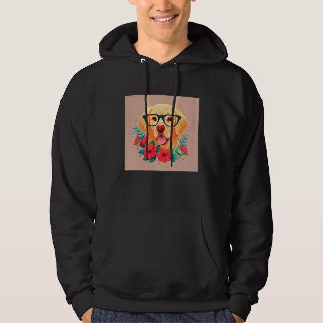 Cute Golden Retriever Illustration Floral Glasses  Hoodie (Front)