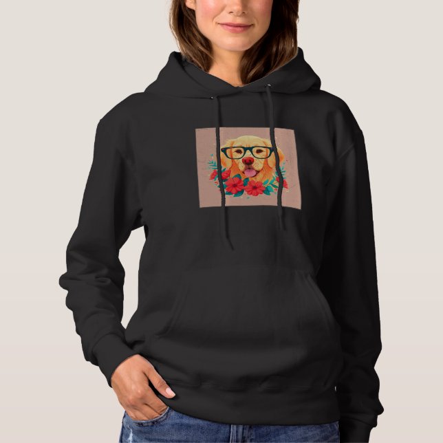 Cute Golden Retriever Illustration Floral Glasses  Hoodie (Front)