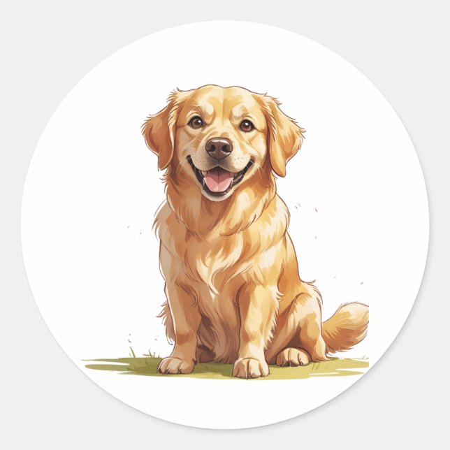 Cute Golden Retriever on Grass  Classic Round Sticker (Front)