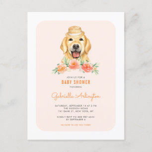 Cute Golden Retriever Peach Floral Baby Shower Invitation Postcard