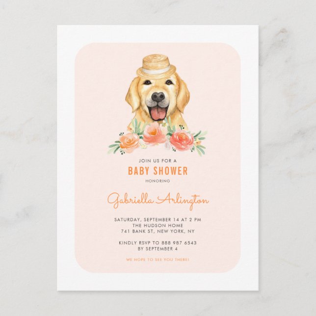 Cute Golden Retriever Peach Floral Baby Shower Invitation Postcard (Front)