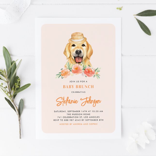 Cute Golden Retriever Peach Flowers Baby Brunch Invitation (Creator Uploaded)