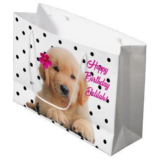 Cute Golden Retriever Personalised Happy Birthday Large Gift Bag