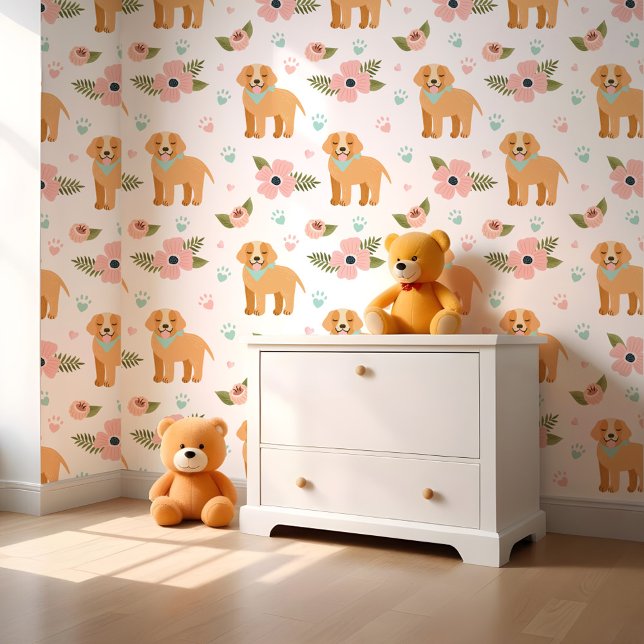 Cute Golden Retriever Puppies & Floral Pattern Wallpaper (Cute Golden Retriever Puppies & Floral Pattern Wallpaper)