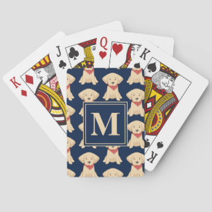 Cute Golden Retriever Puppies Navy Blue Monogram Playing Cards