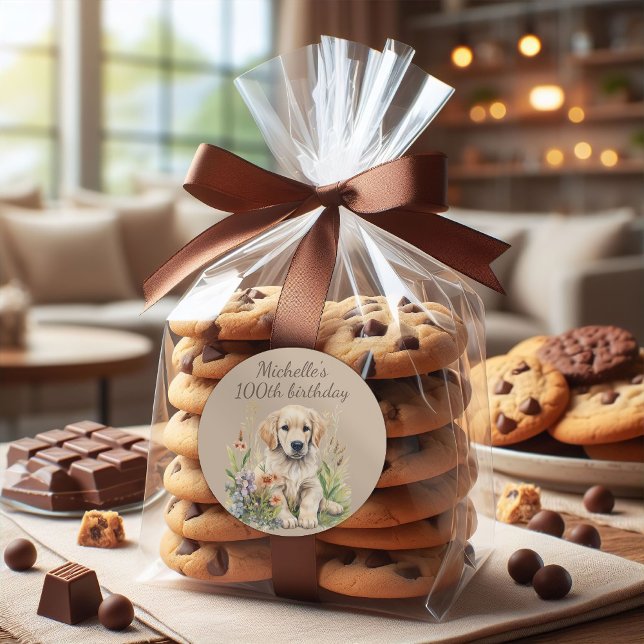 Cute Golden Retriever Puppy 100th Birthday Classic Round Sticker (Golden retriever 100th birthday party sticker for favor bags)