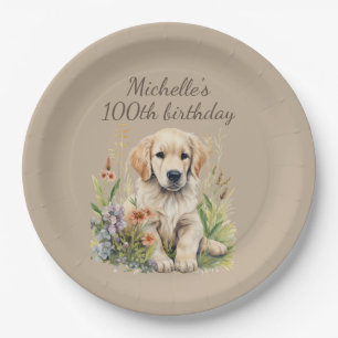 Cute Golden Retriever Puppy 100th Birthday Paper Plate