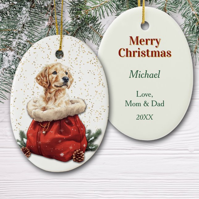 Cute Golden Retriever Puppy Christmas Gift Bag Ceramic Ornament (Creator Uploaded)
