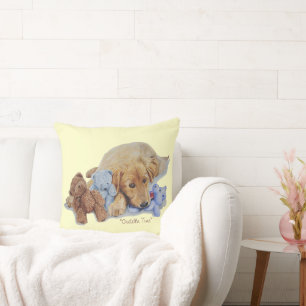 cute golden retriever puppy cuddling teddy bears cushion