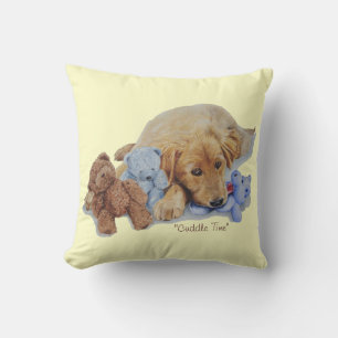 cute golden retriever puppy cuddling teddy bears cushion