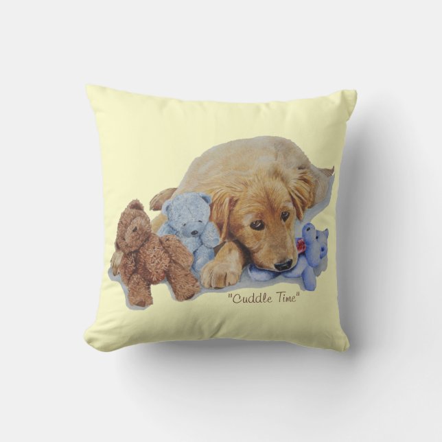 cute golden retriever puppy cuddling teddy bears cushion (Front)
