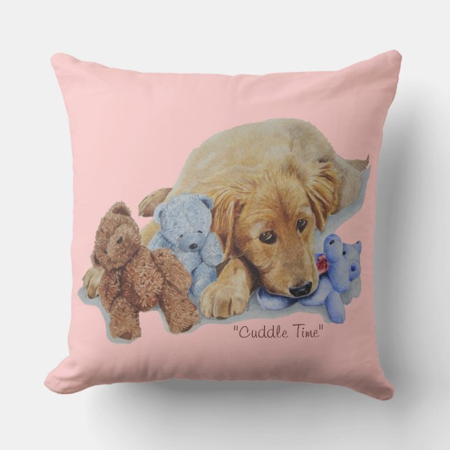 cute golden retriever puppy cuddling teddy bears cushion (Front)