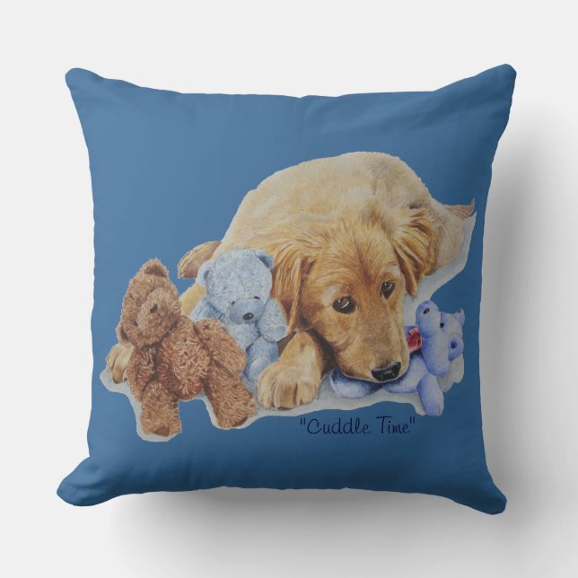 cute golden retriever puppy cuddling teddy bears cushion (Front)