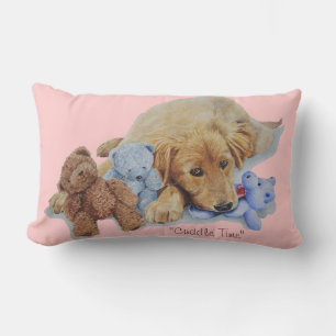 cute golden retriever puppy cuddling teddy bears lumbar cushion