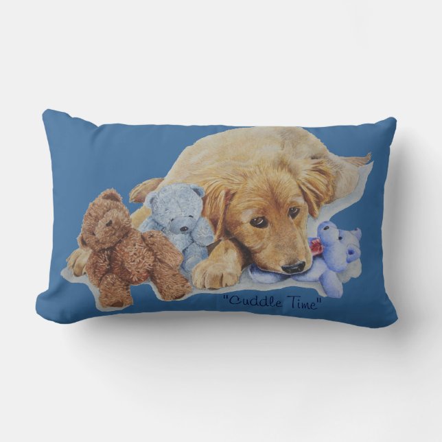cute golden retriever puppy cuddling teddy bears lumbar cushion (Front)