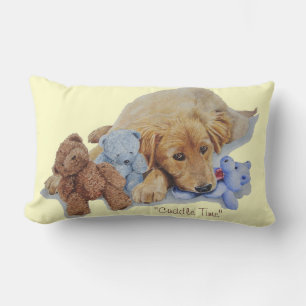 cute golden retriever puppy cuddling teddy bears lumbar cushion