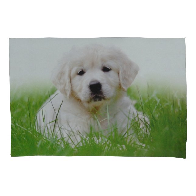 Cute Golden Retriever Puppy Dog Green Grass Pillowcase (Front)