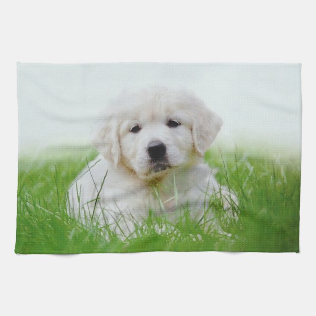 Cute Golden Retriever Puppy Dog Green Grass Tea Towel (Horizontal)