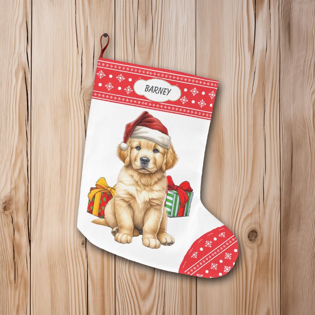 Cute Golden Retriever Puppy Santa Hat Snowflake Large Christmas Stocking (Creator Uploaded)