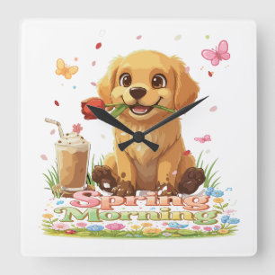 Cute Golden Retriever Puppy Spring Morning Square Wall Clock