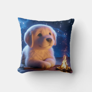 Cute Golden Retriever Puppy Under Starry Night Sky Cushion