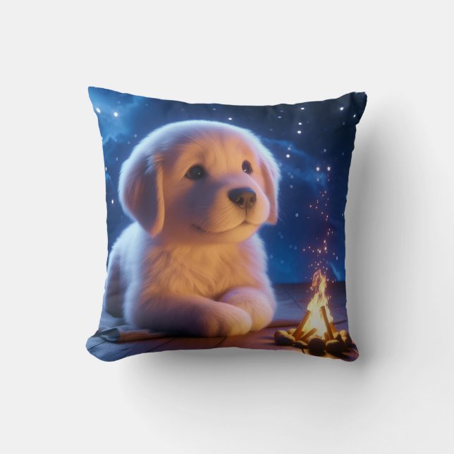 Cute Golden Retriever Puppy Under Starry Night Sky Cushion (Front)