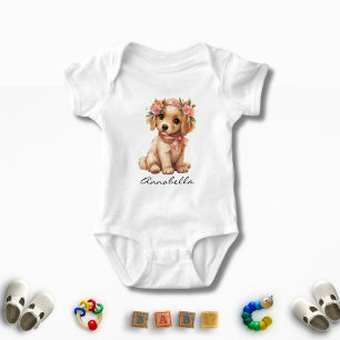 Cute Golden Retriever Puppy Watercolor Custom Name Baby Bodysuit