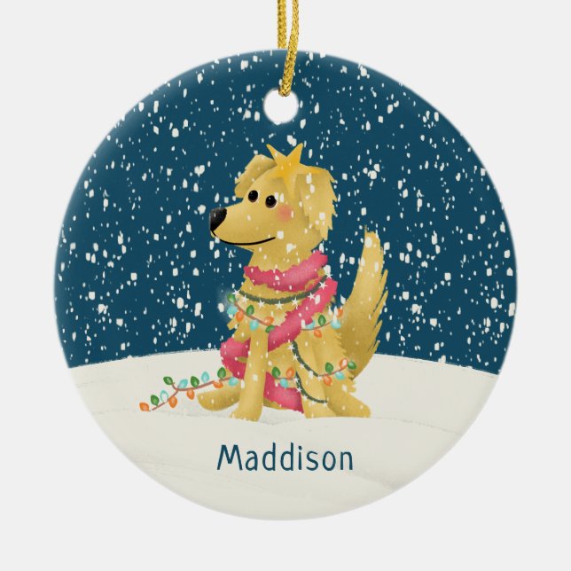 Cute Golden Retriever Winter Dog Christmas Ceramic Ornament (Front)
