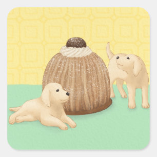 Cute Golden Retrievers and Dessert Square Sticker