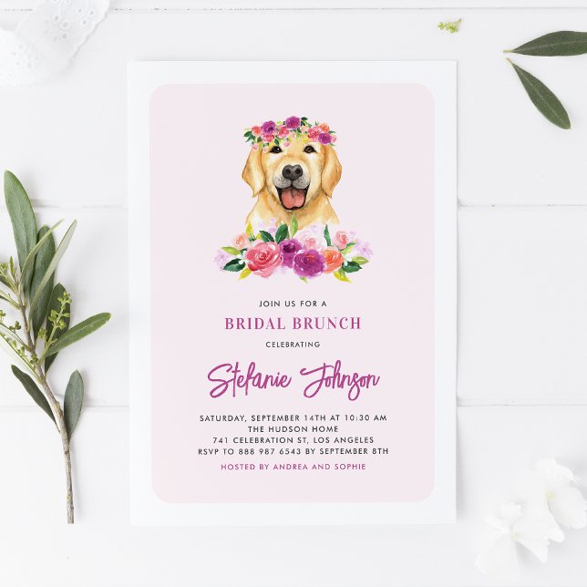 Cute Golden Retriver Purple Floral Bridal Brunch Invitation (Creator Uploaded)