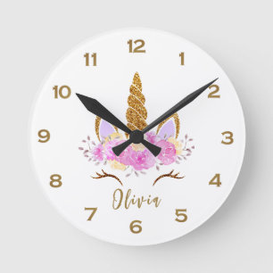 Cute Golden Unicorn Personalised Round Clock