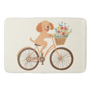 Cute Goldendoodle Dog Biking Spring Flowers Bath Mat